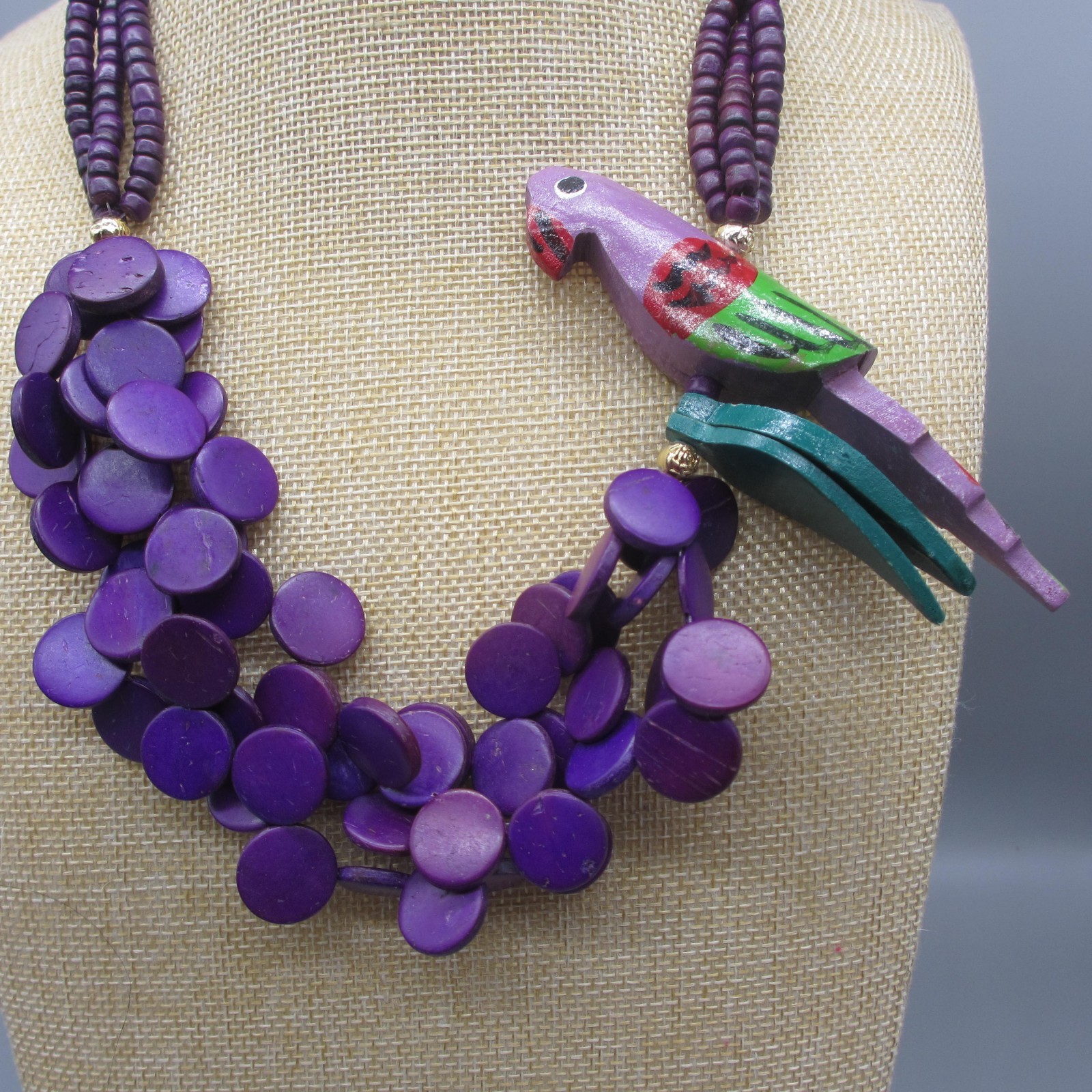 Vintage Parrot Necklace Wood Purple Discs Layered Bead Tropical Beachy 22 Inch