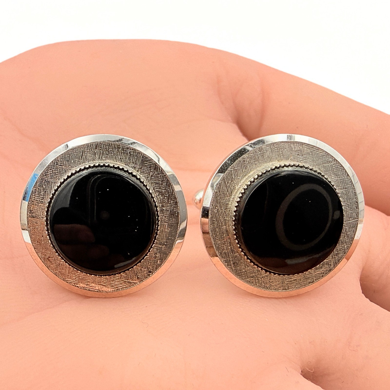 Hadley Signed MCM Round Black Glass “Mad Men” Era Textured Cufflinks
