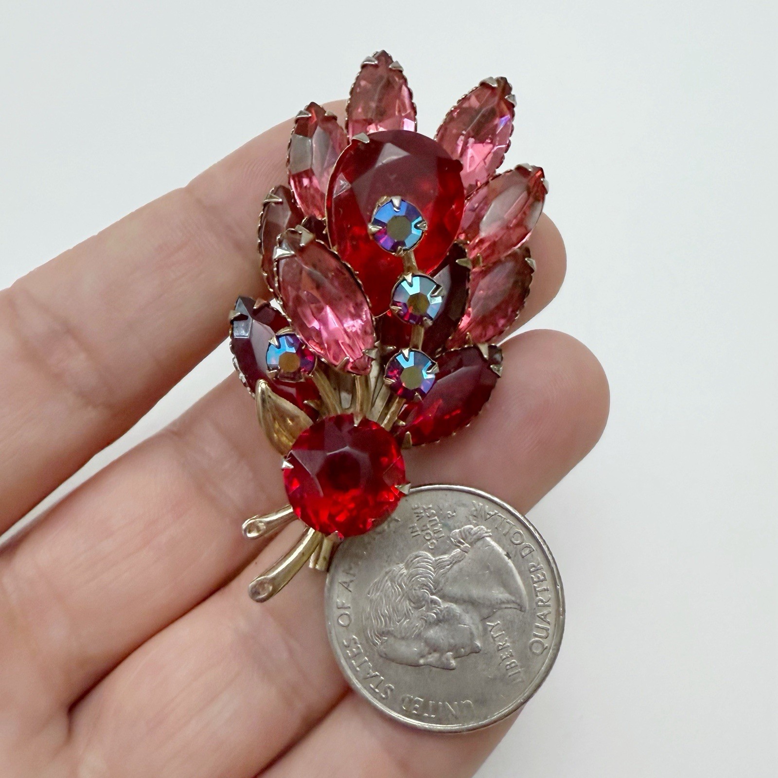Vintage Red Pink AB Glass Rhinestone Flower Floral Spray Brooch Pin Goldtone