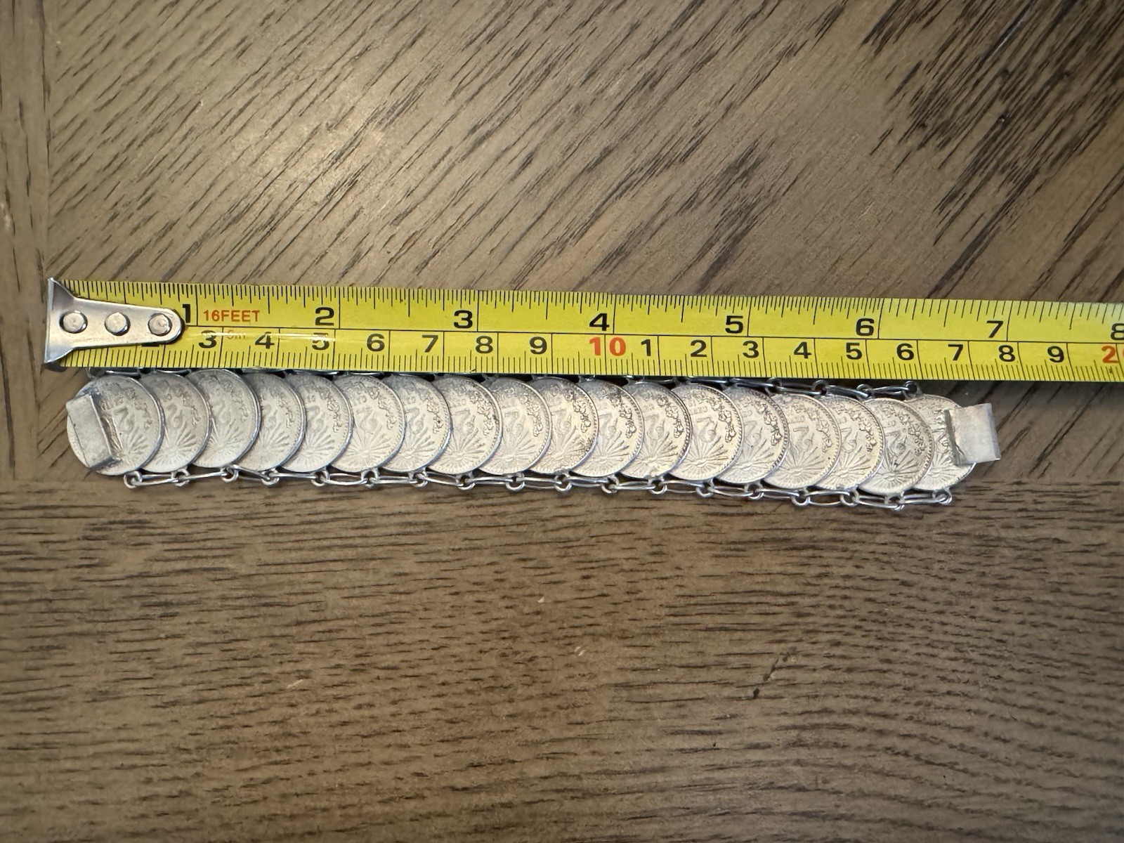 Vintage Mexican 20 Centavos Coin Bar Link Chain Bracelet ~ Silver ~ 7 in