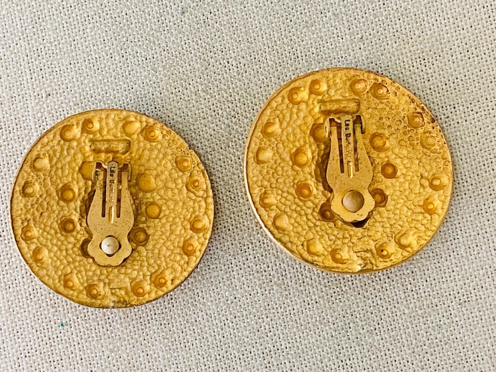 LARGE Vintage 1980s Signed Les Bernard Gold Tone ETRUSCAN Clip On Earrings