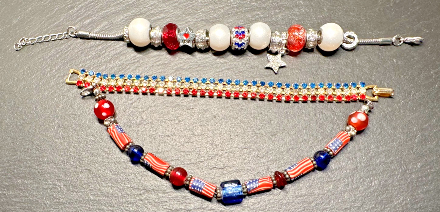 THREE DIFFERENT VINTAGE PATRIOTIC RED WHITE BLUE BRACELETS H901