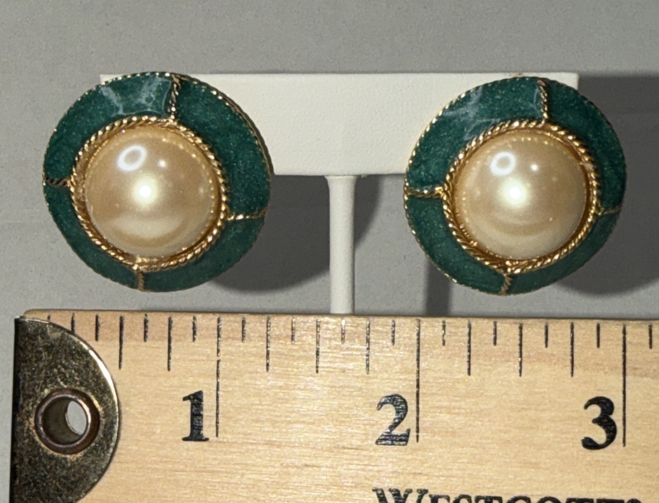 Vintage Gay Boyer Green Enamel Faux Pearl Gold Accent Clip-On Earrings