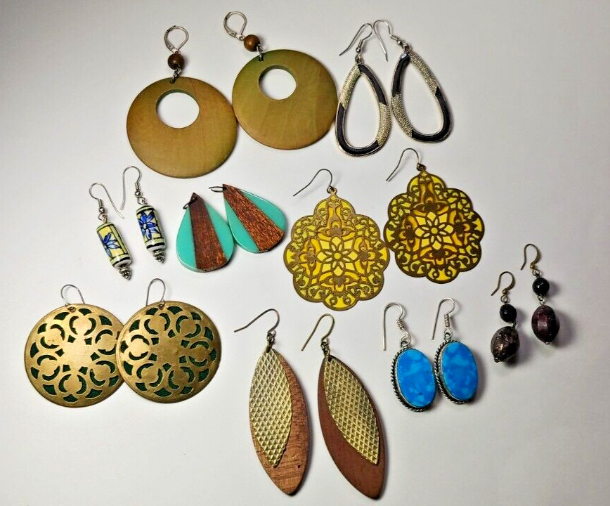 Lot of 8 Pairs Earrings + Crafts Vintage Pierced Wire Hooks Boho Wood Ceramic