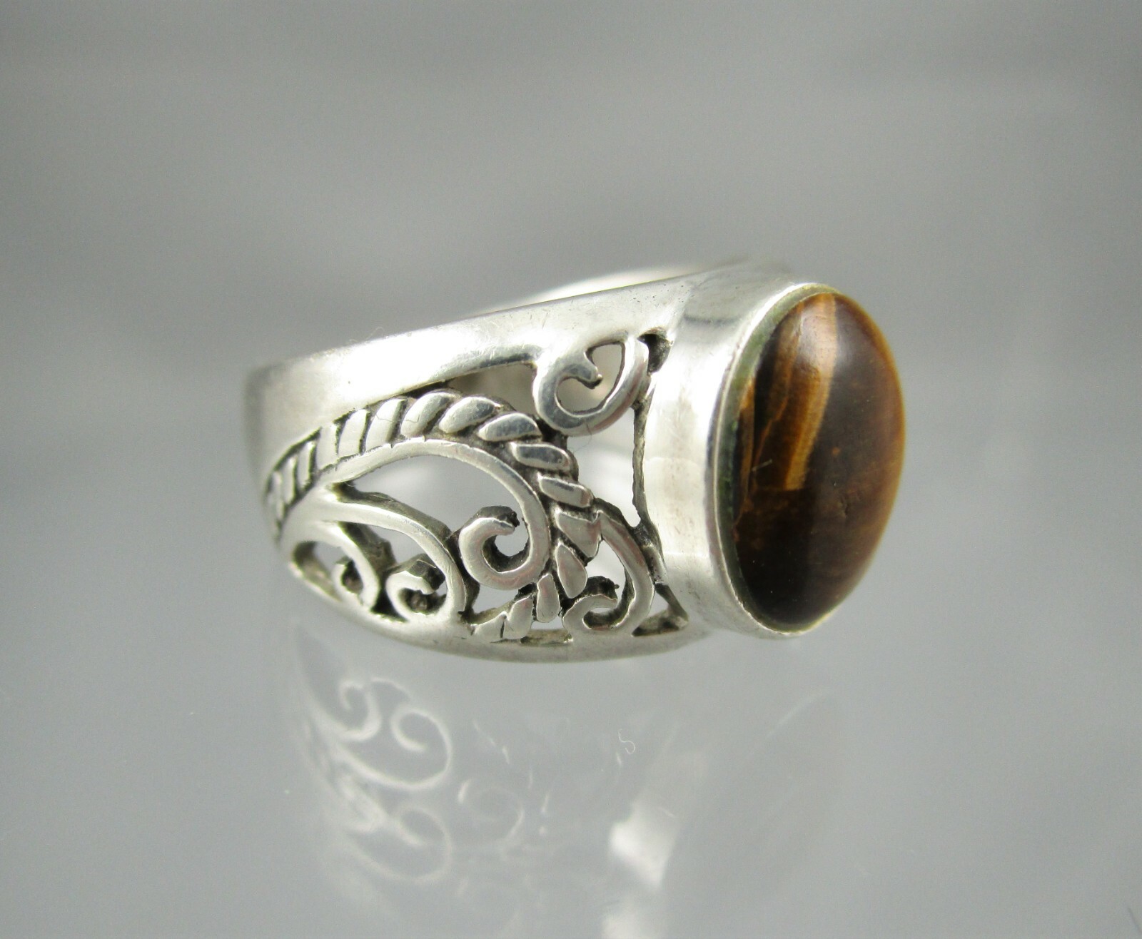 Filigree Sterling and Tigers Eye Ring Signed CW 925 Size 5.25 #4797E