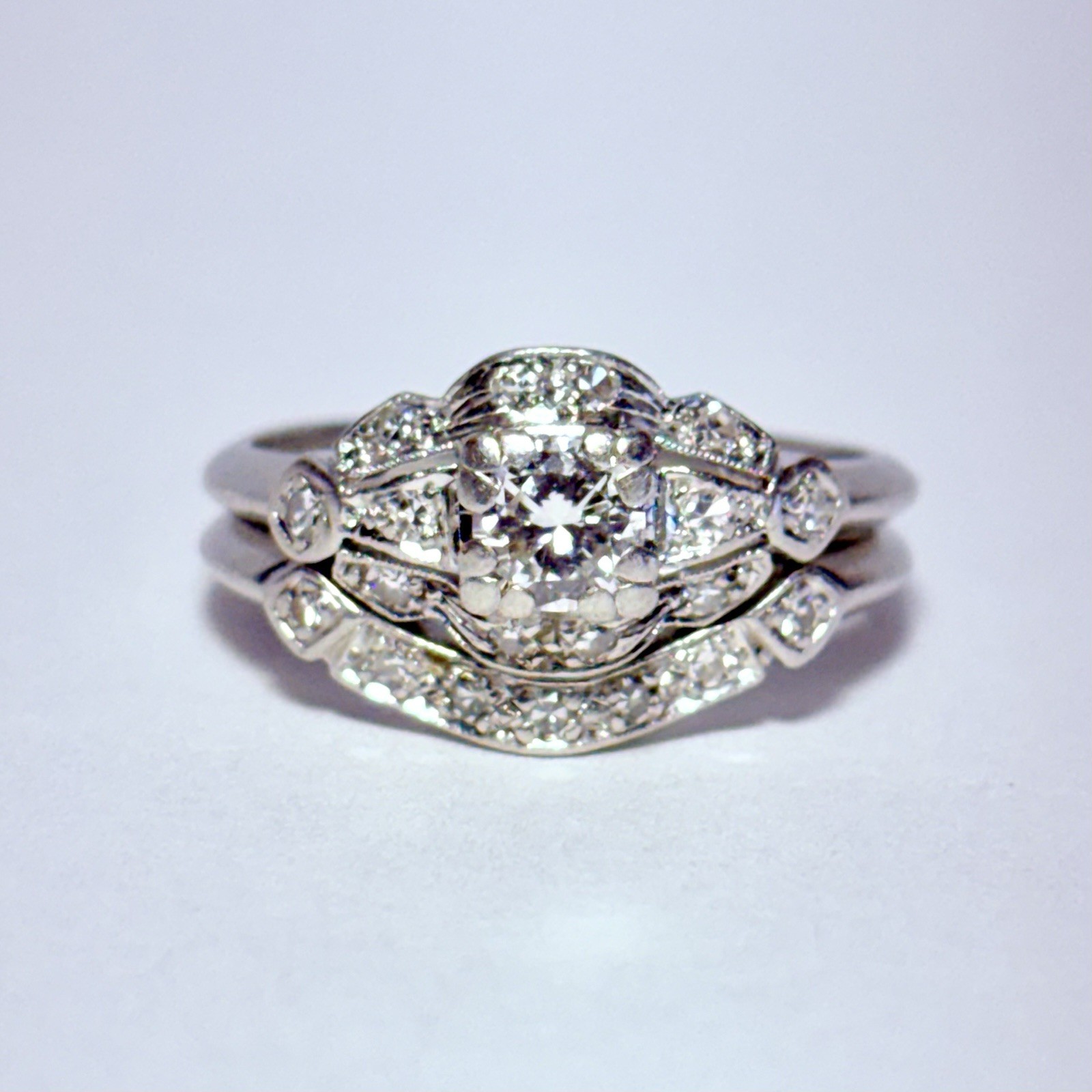 Art Deco Platinum 0.25ct Diamond 0.10ctw Accents Size 7.5 Wedding Ring Set 6.8g