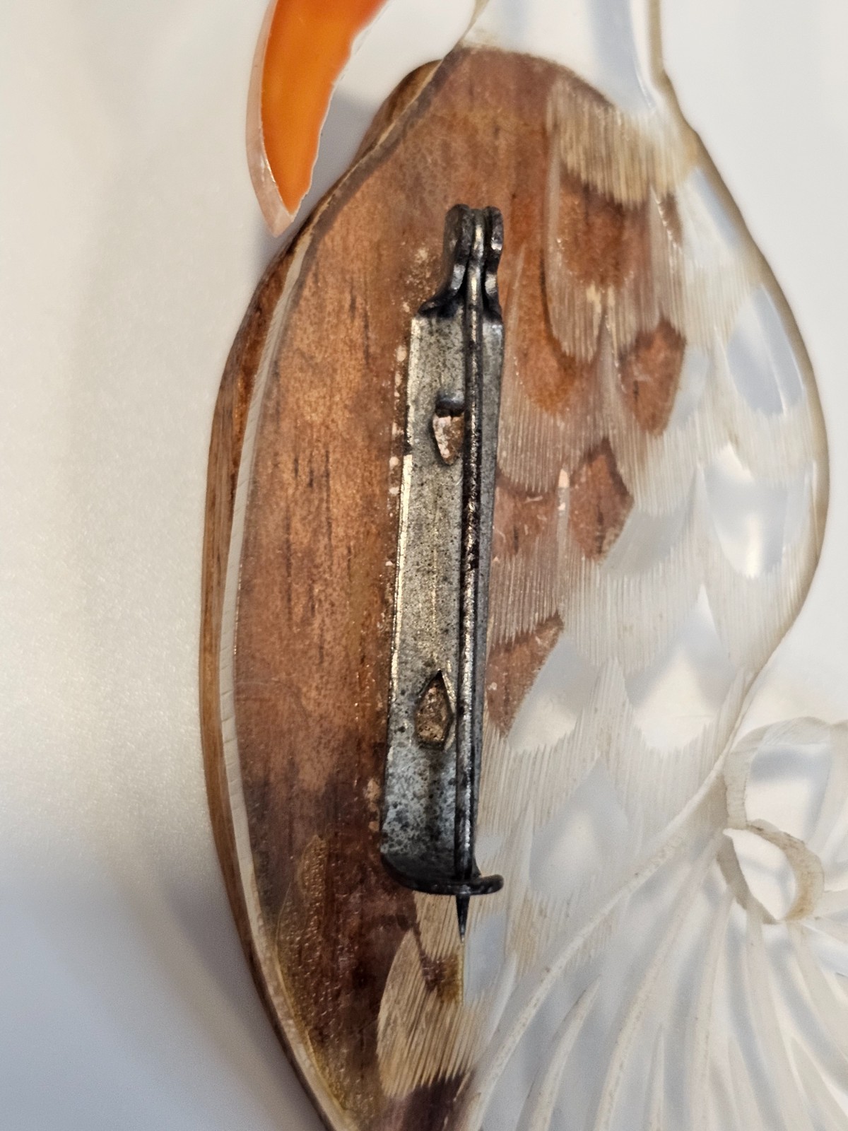Vintage lucite and wood brooch bird stork