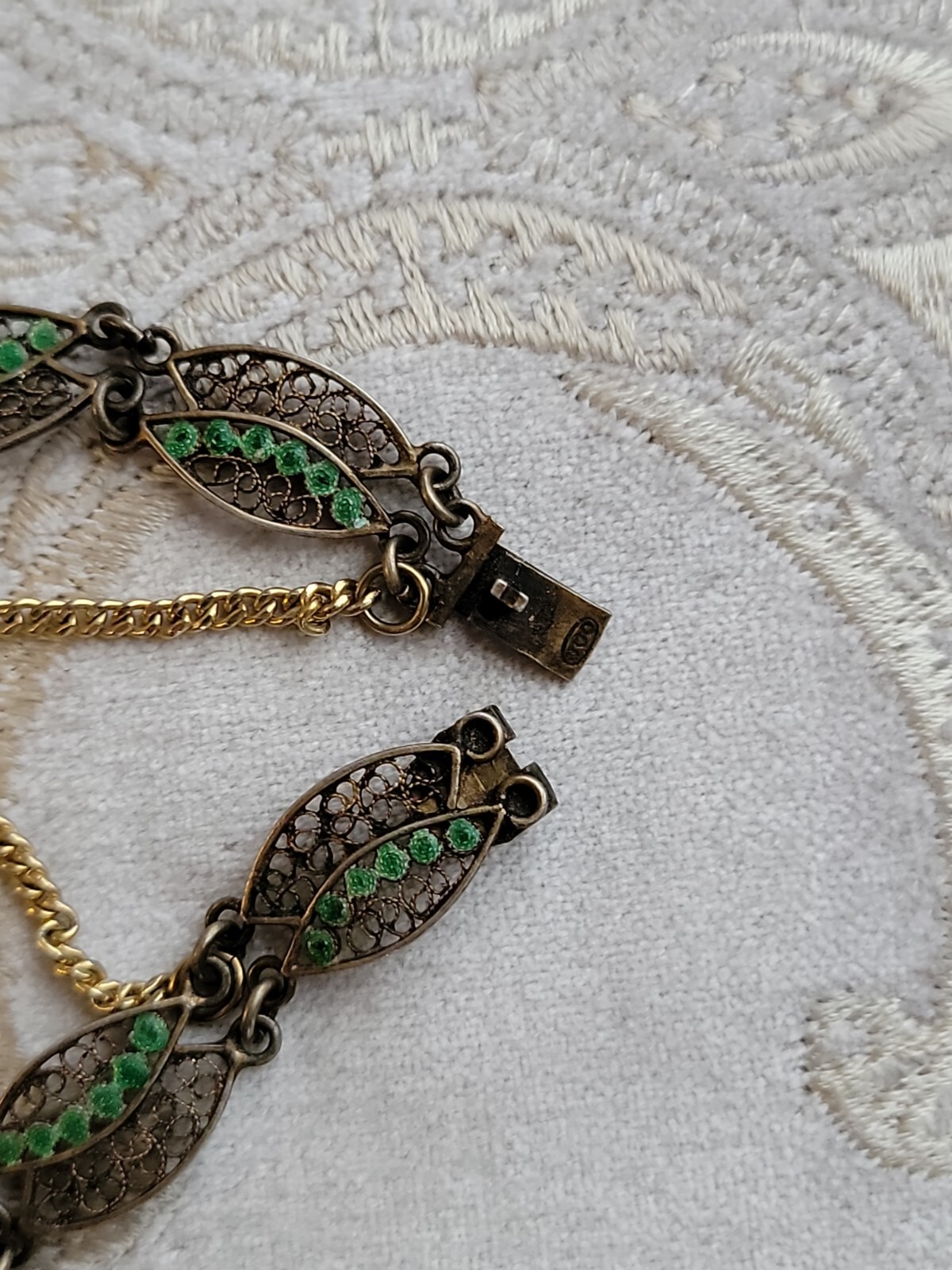 Vintage Cannetille & Green Enamel Bracelet, 6″ 800 Silver