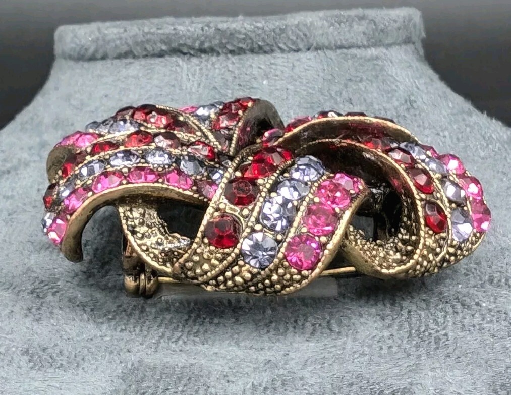 Vintage Signed Monet Ribbon Brooch Purple, Pink, Red Rhinestones