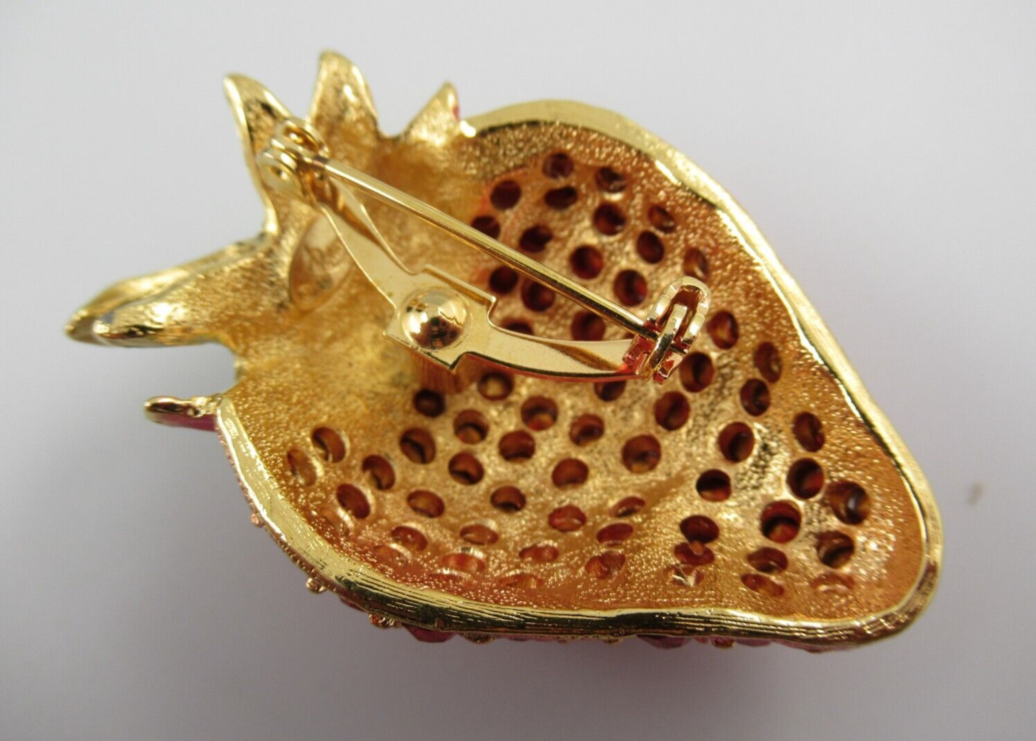 Signed Revere Red Crystal & Enamel Gold Tone Strawberry Brooch , Pin