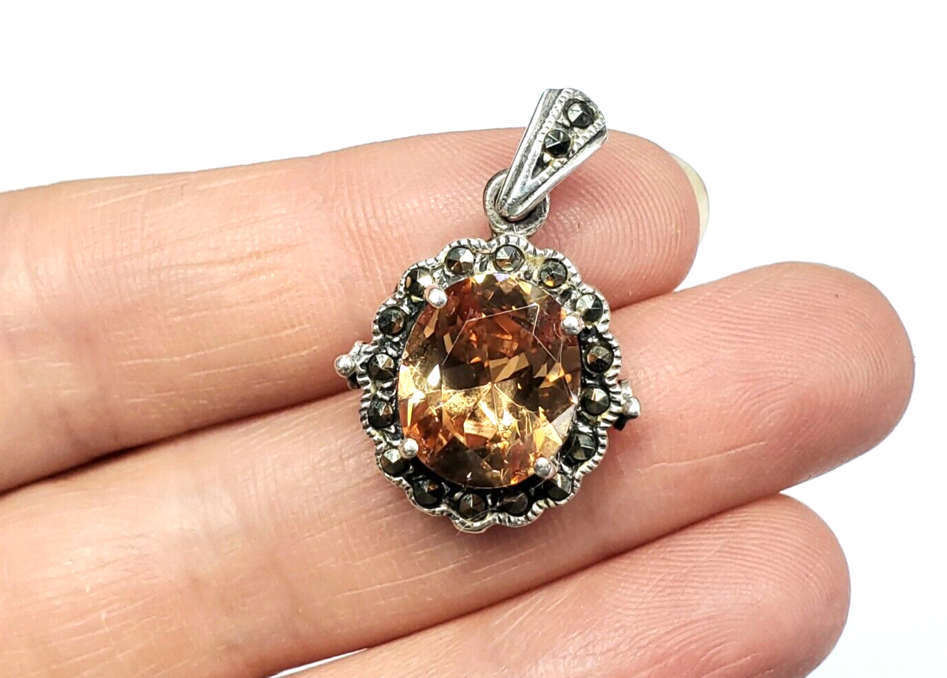 Vintage 1980s Signed Marsala Marcasite Faceted Peach Citrine Round Oval Pendant