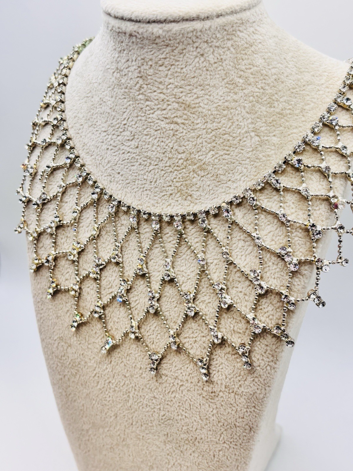 Vintage Rhinestone Bib Collar Necklace Silver Tone Drape Lattice Statement