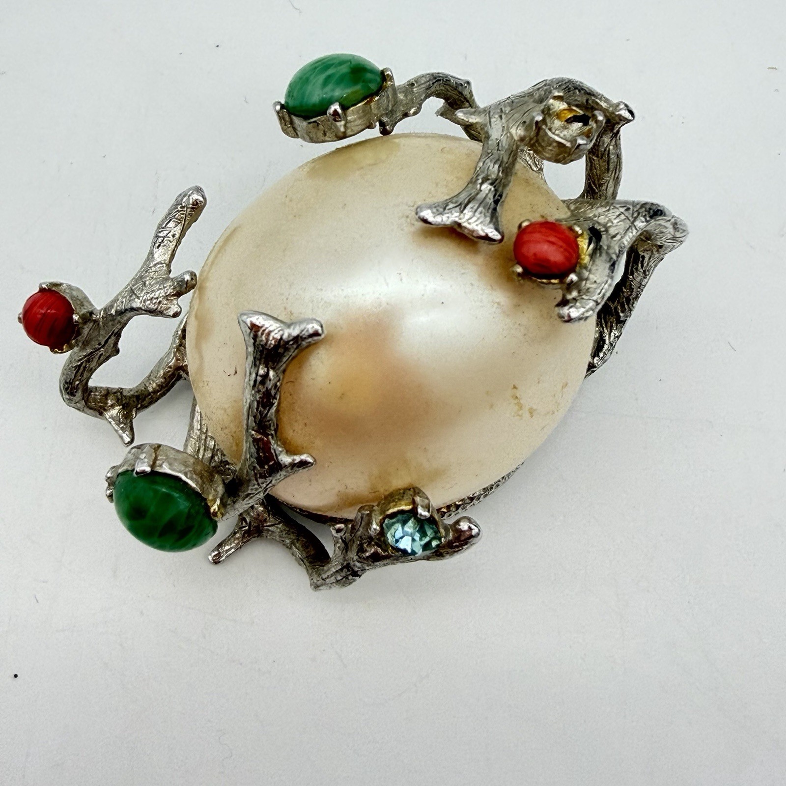 Vtg Huge Faux Pearl Pin Brooch Green Coral Cabochon Branches Rare Estate Read