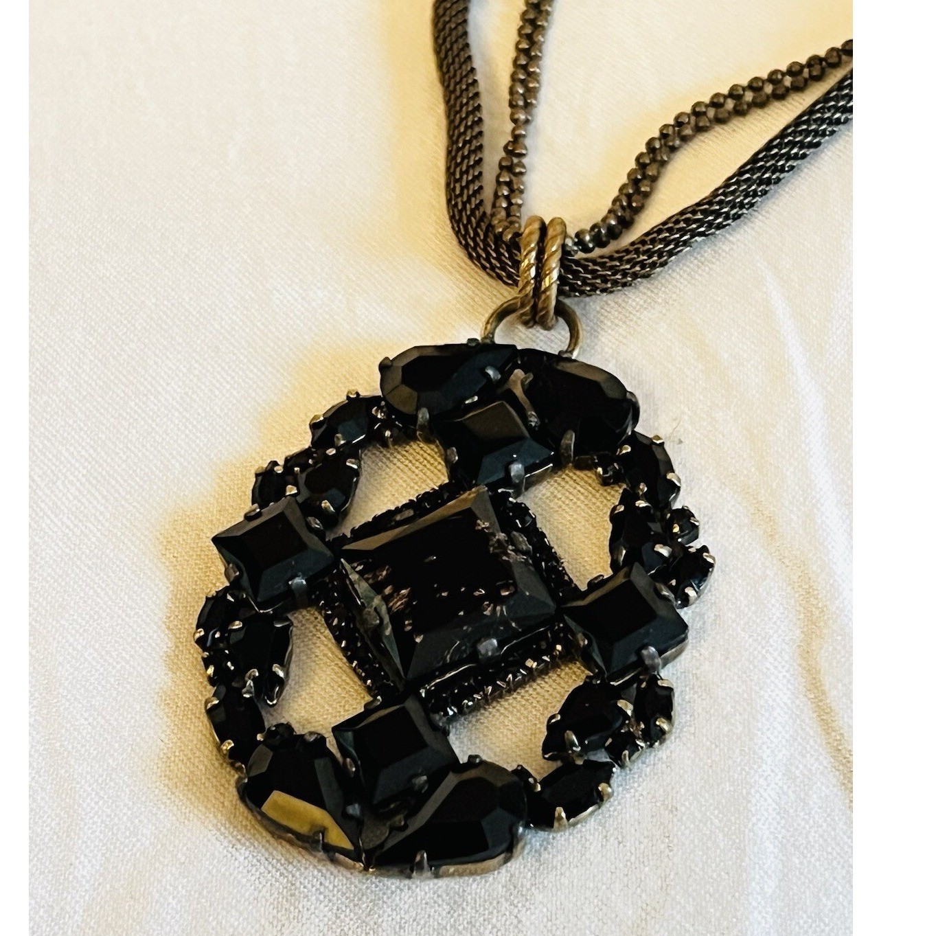 Vtg Victorian Goth Necklace Bronze Metal Crystal Rhinestone Mesh Chain 80s