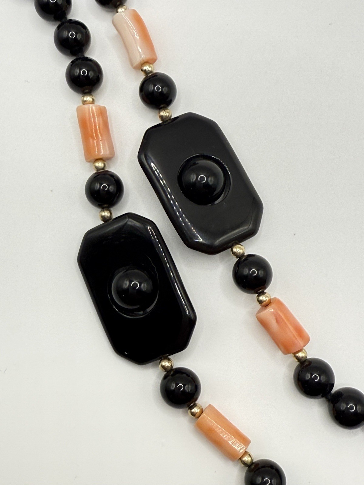 Vtg Black Onyx Pink Angel Skin Coral Necklace Chunky Statement Deco Geometric