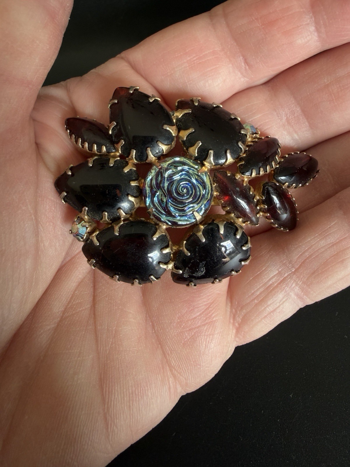 Deep Red Glass Molded Rose Brooch Art Glass Flower AB Rhinestone Statement Vtg