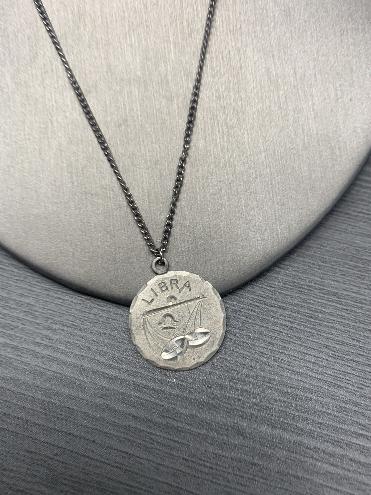 Vintage Pewter BDA Zodiac astrology Libra Horoscope Pendant Necklace 18”