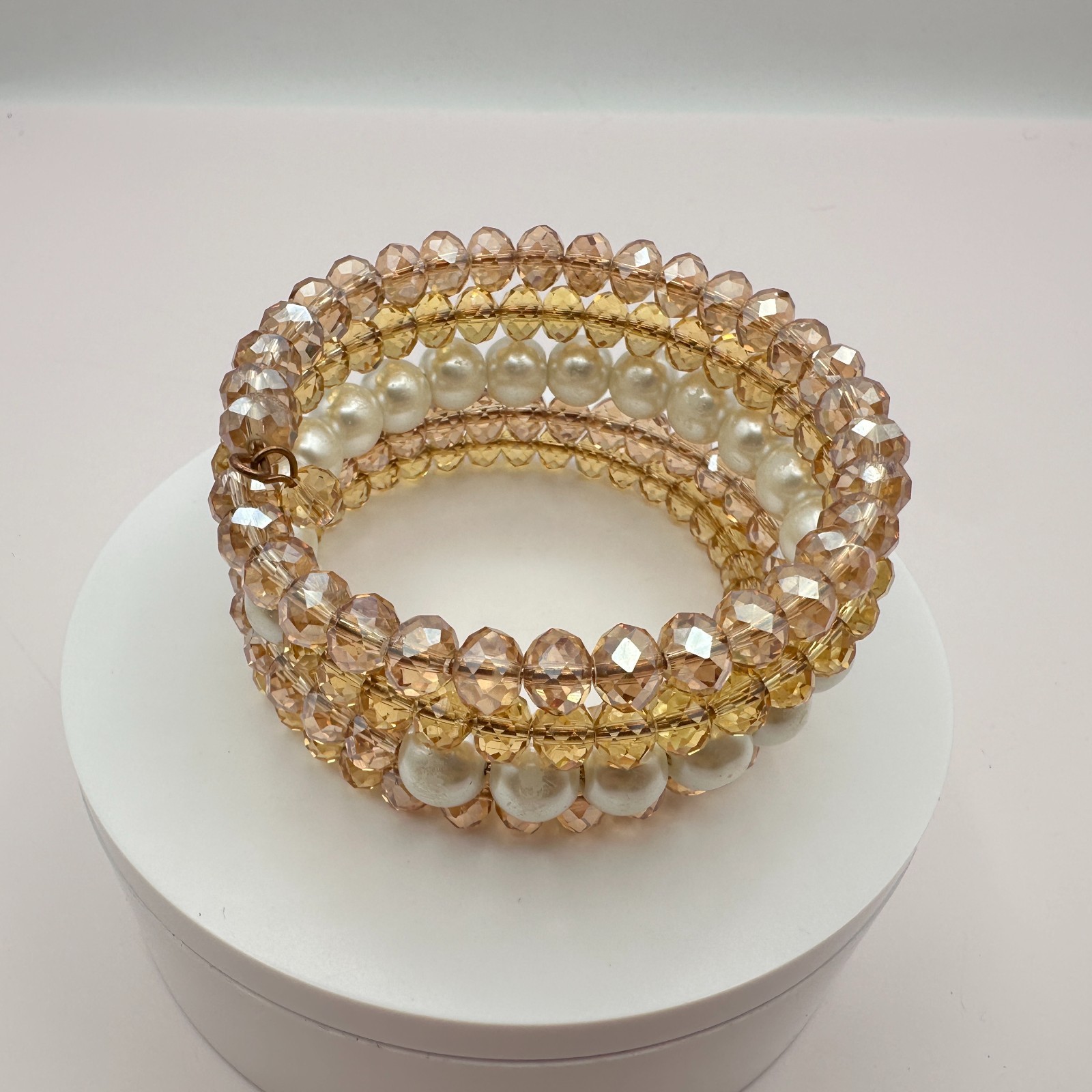 Vintage 90s Champagne Glass Bead & Faux Pearl Multi-Strand Wrap Bracelet Boho
