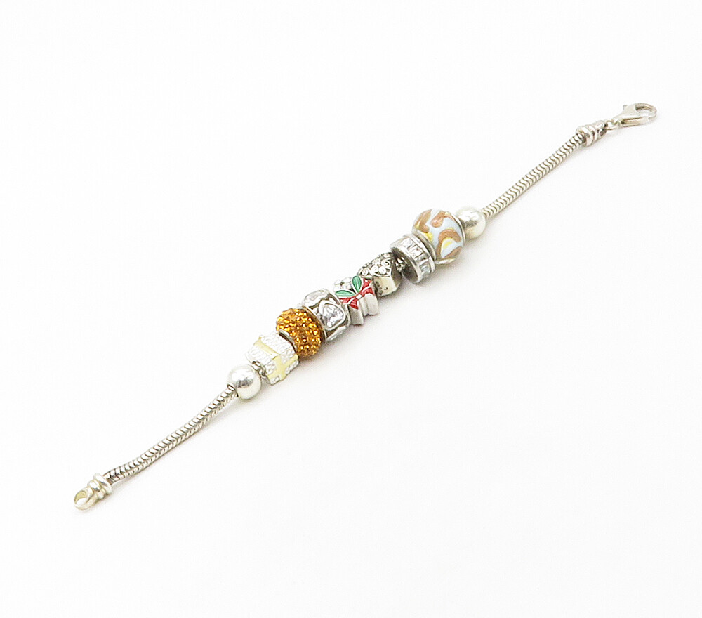 925 Silver Cubic Zirconia & Citrine Beaded Charms Chain Bracelet BT6581