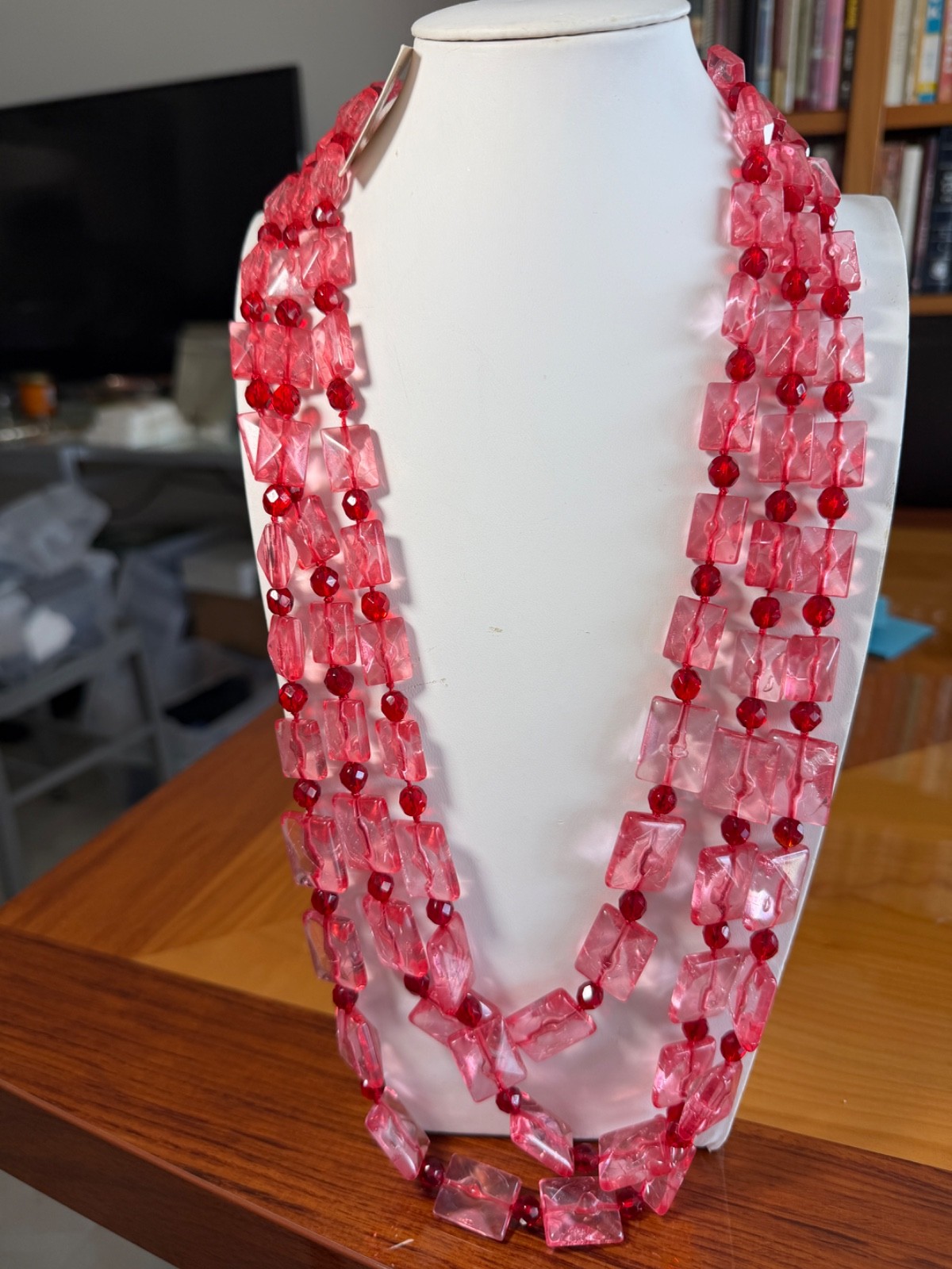 Vintage Pink & Ruby Red Lucite Acrylic Necklace 16” triple Strand statement