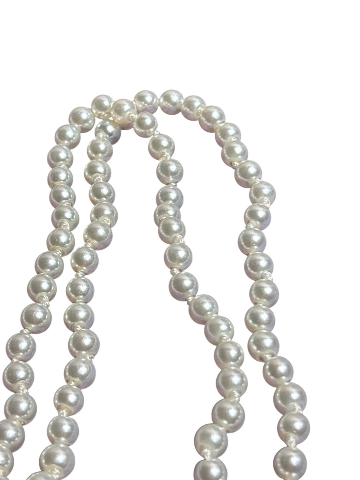 Vintage Knotted Glass Faux Pearl Necklace Rope Length 60 inches Long