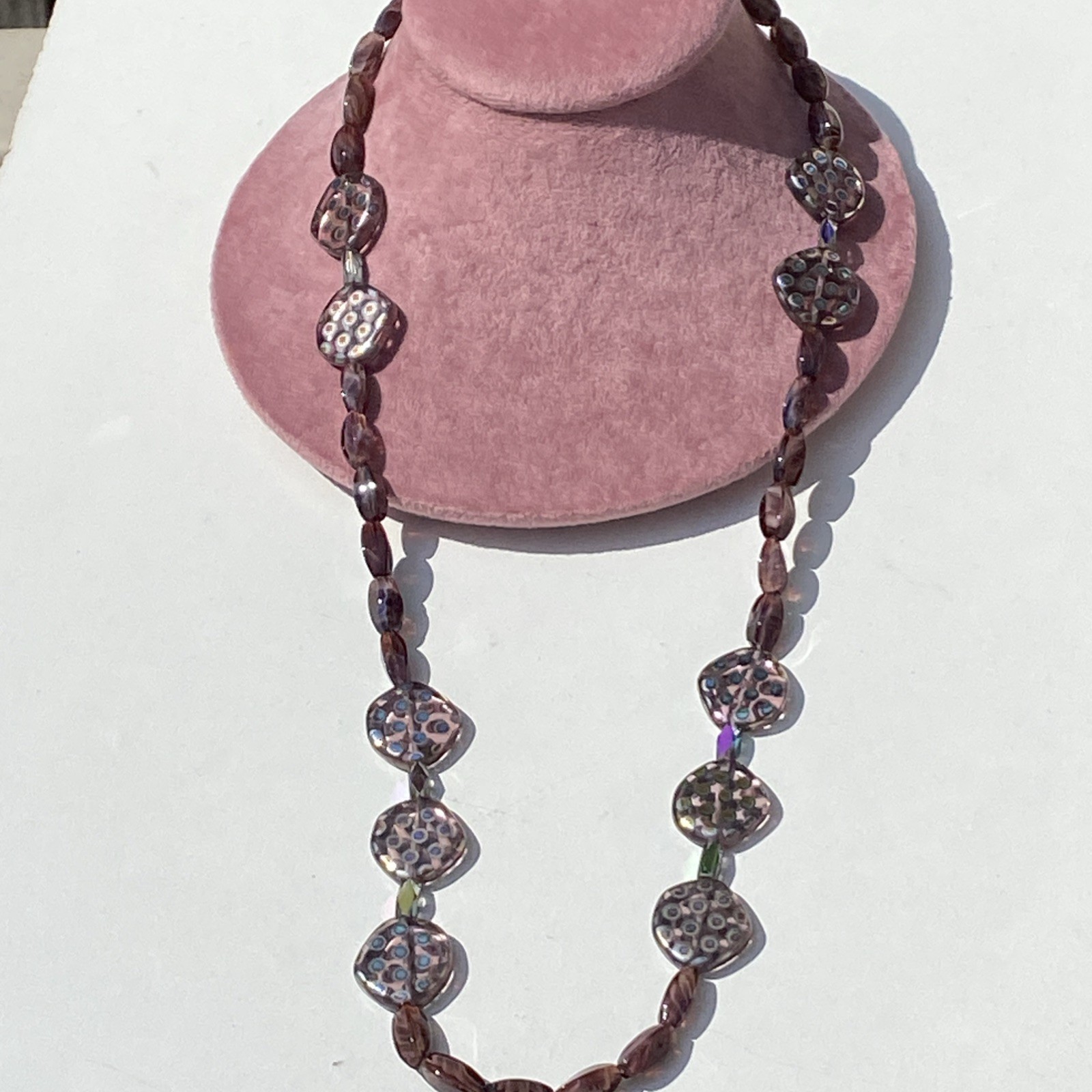 PURPLE GIVRÉ PEACOCK BEADS ART GLASS RETRO VITRAIL CRYSTAL GLASS NECKLACE