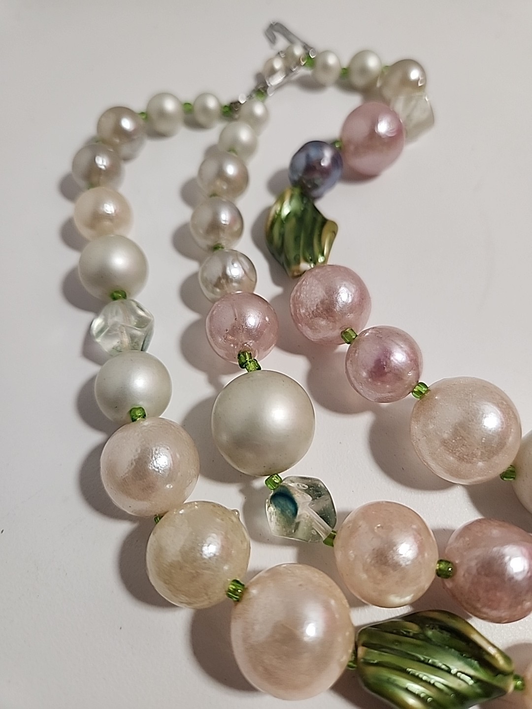 Vintage Pastel Multi Color Green Leaf Accent 3 Strand Large Beads Necklace