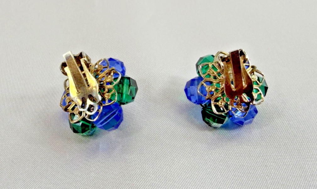 Vintage Blue & Green Faceted Glass Beaded Necklace Clip Earrings Set