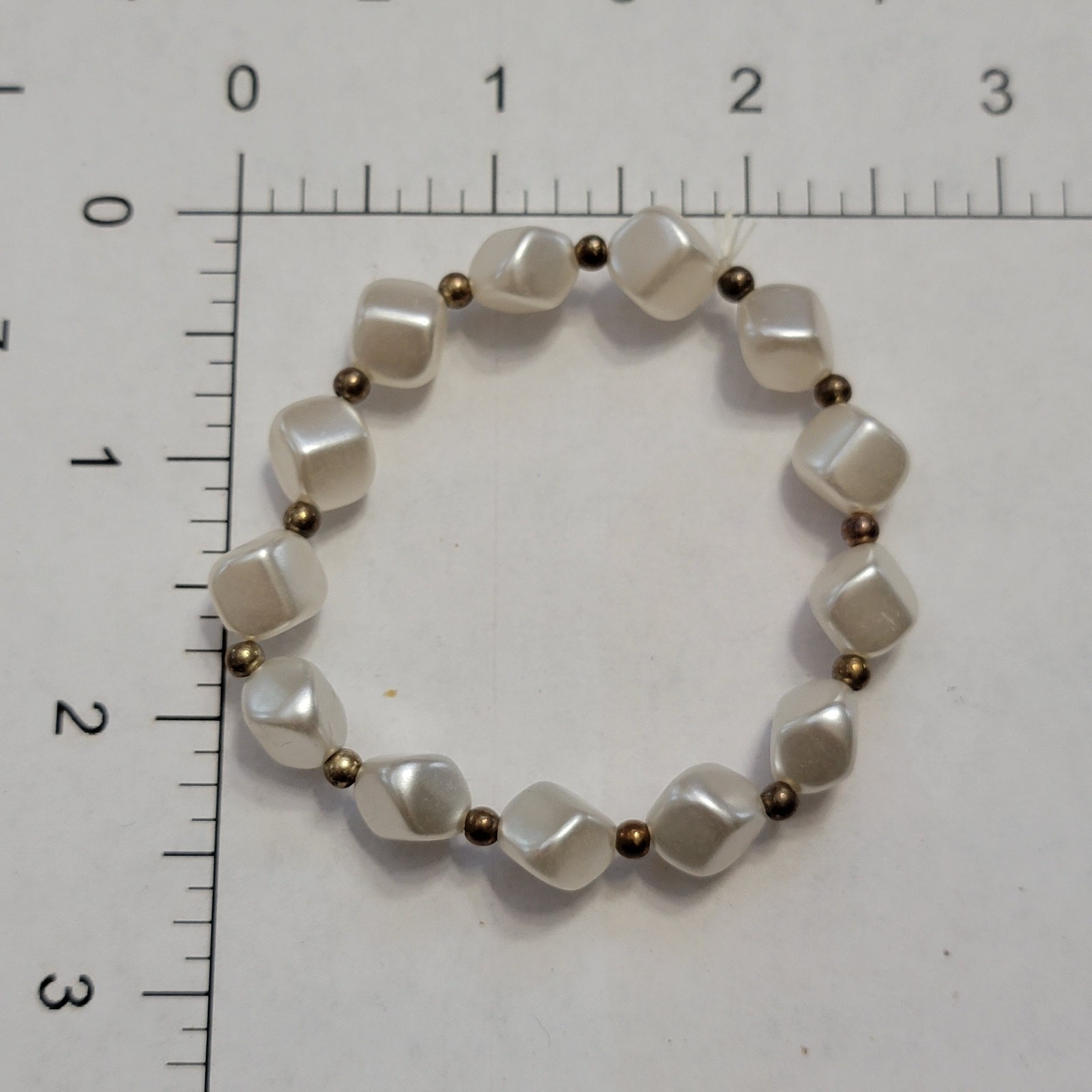 Vintage Faux Pearl Beaded Stretch Bracelet, Square Nugget Beads w Gold Spacers