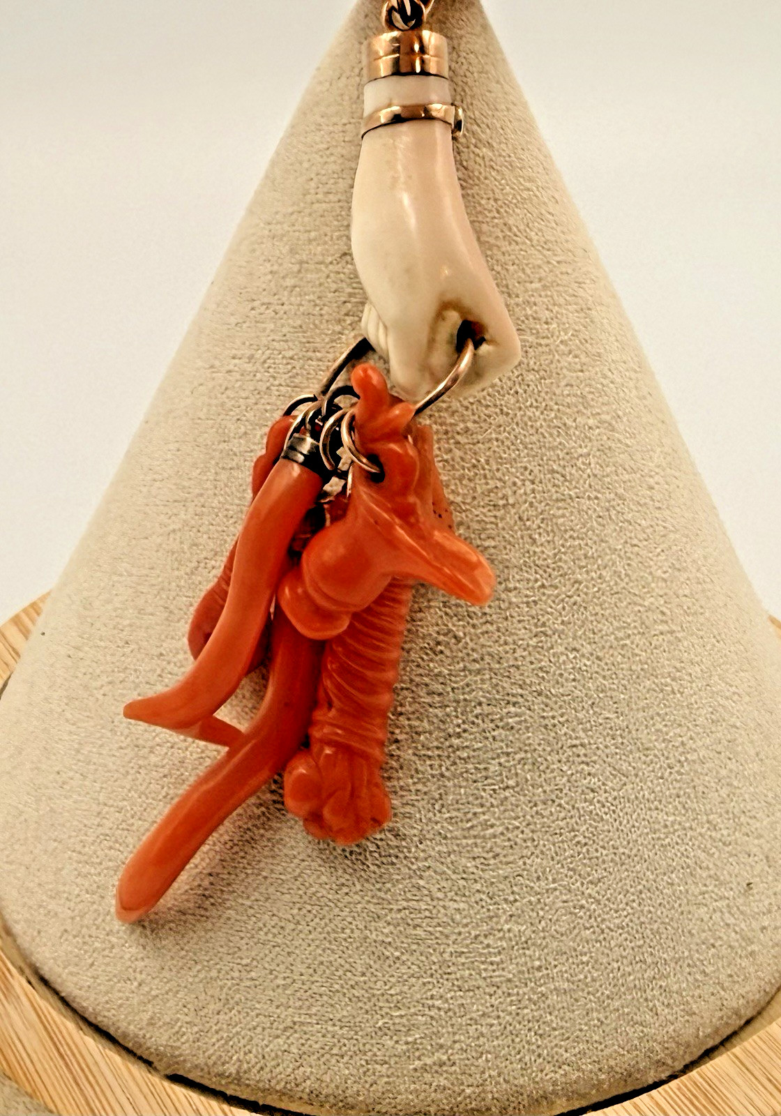 Antique Ca 1830-70s Angle Skin /Orange Coral Hand Figa & Charm Pendant Gold