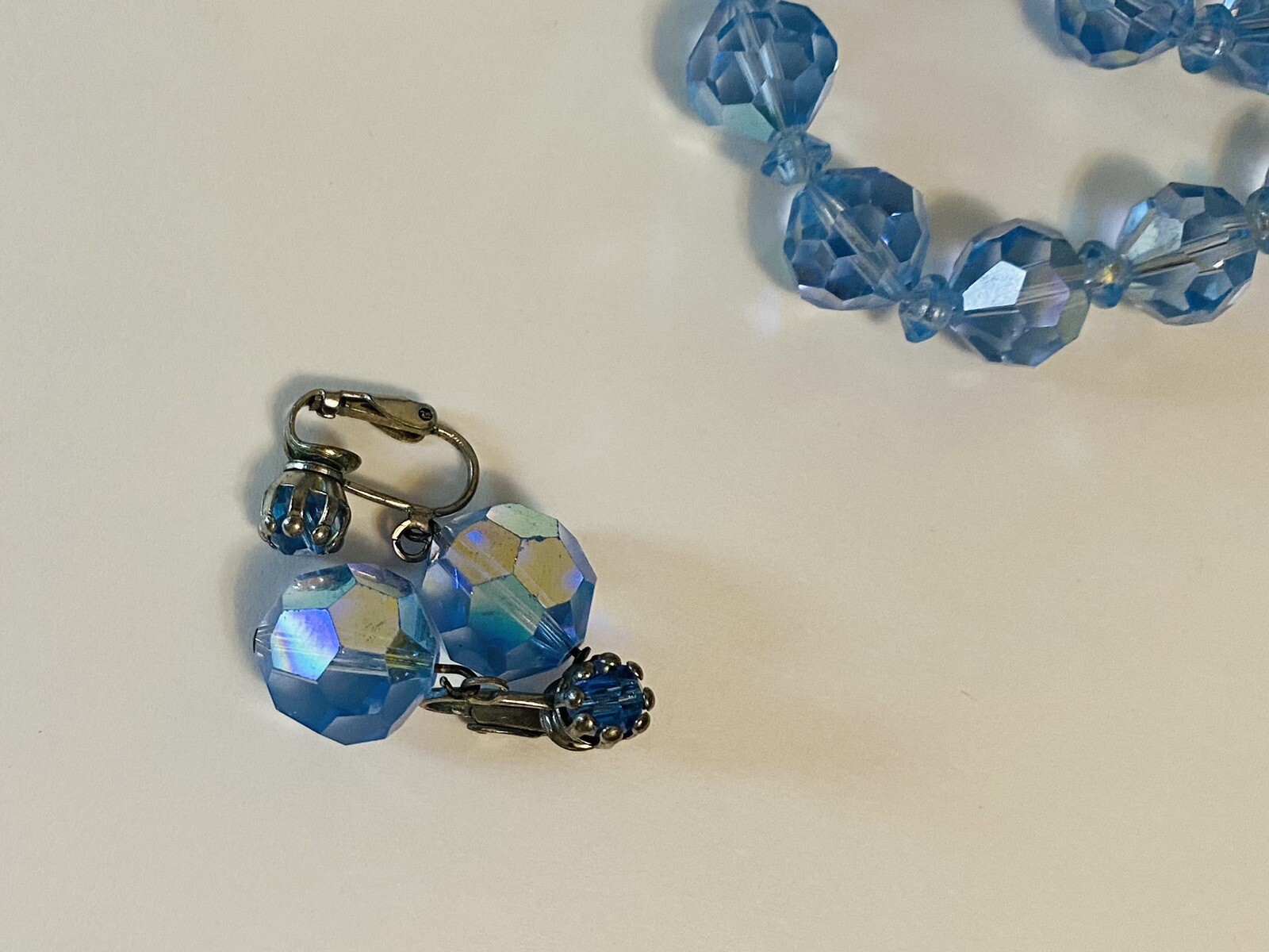 Aurora Borealis Icy Blue 22” Crystal Necklace & Earring Set. 1950’s