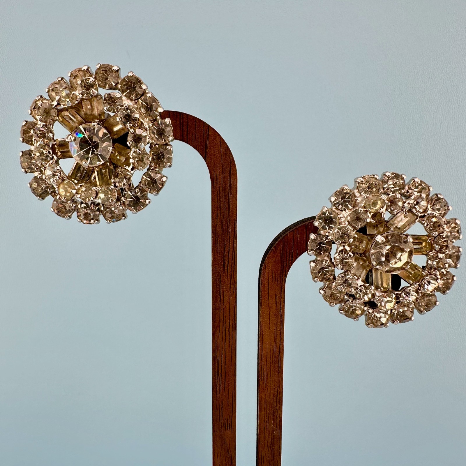 Vintage Rhinestone Earrings Silver Tone Round Cluster Baguette Prong Set Clip On