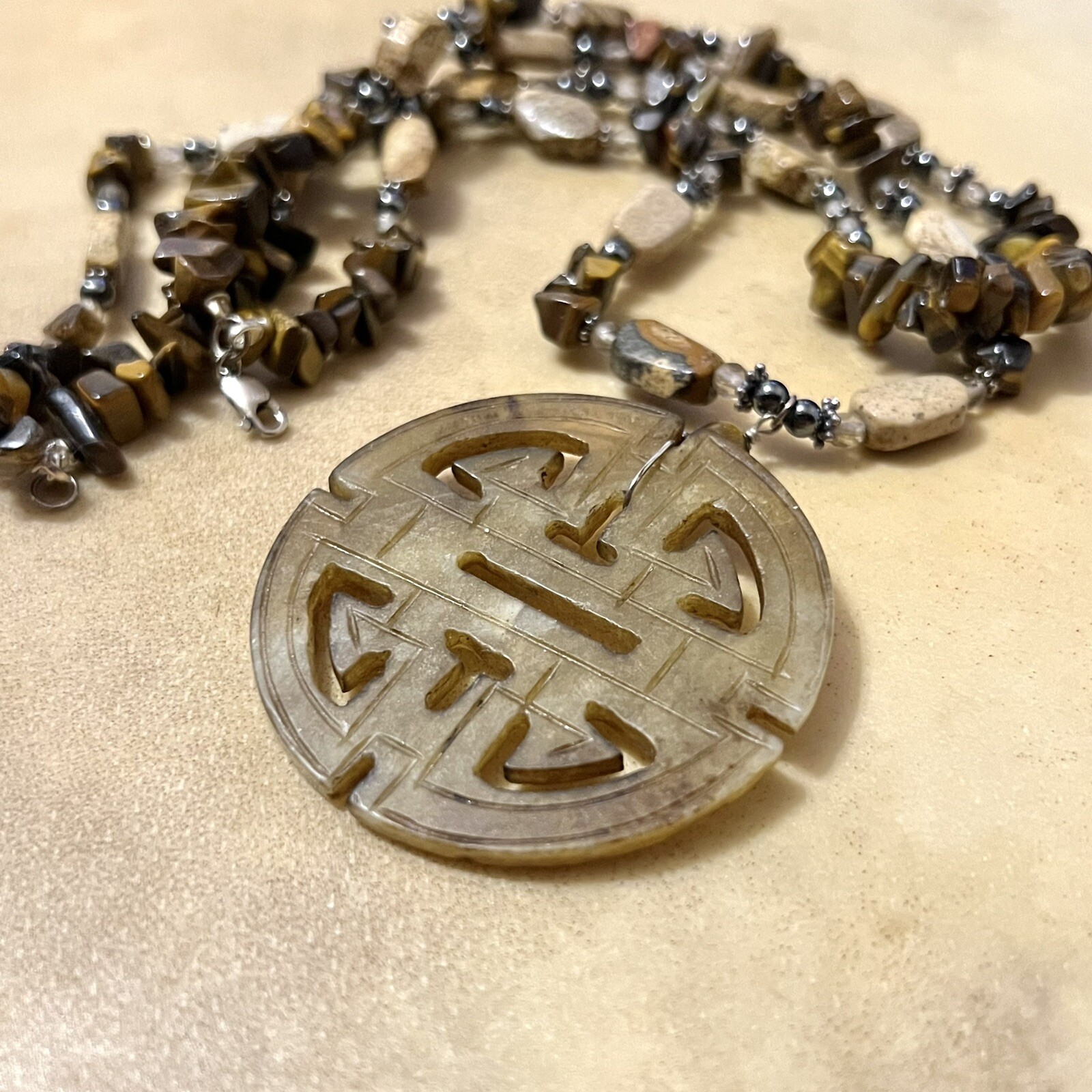 Vintage Asian Jade Carved Stone Pendant, Tigers Eye Beads, Sterling Silver Clasp