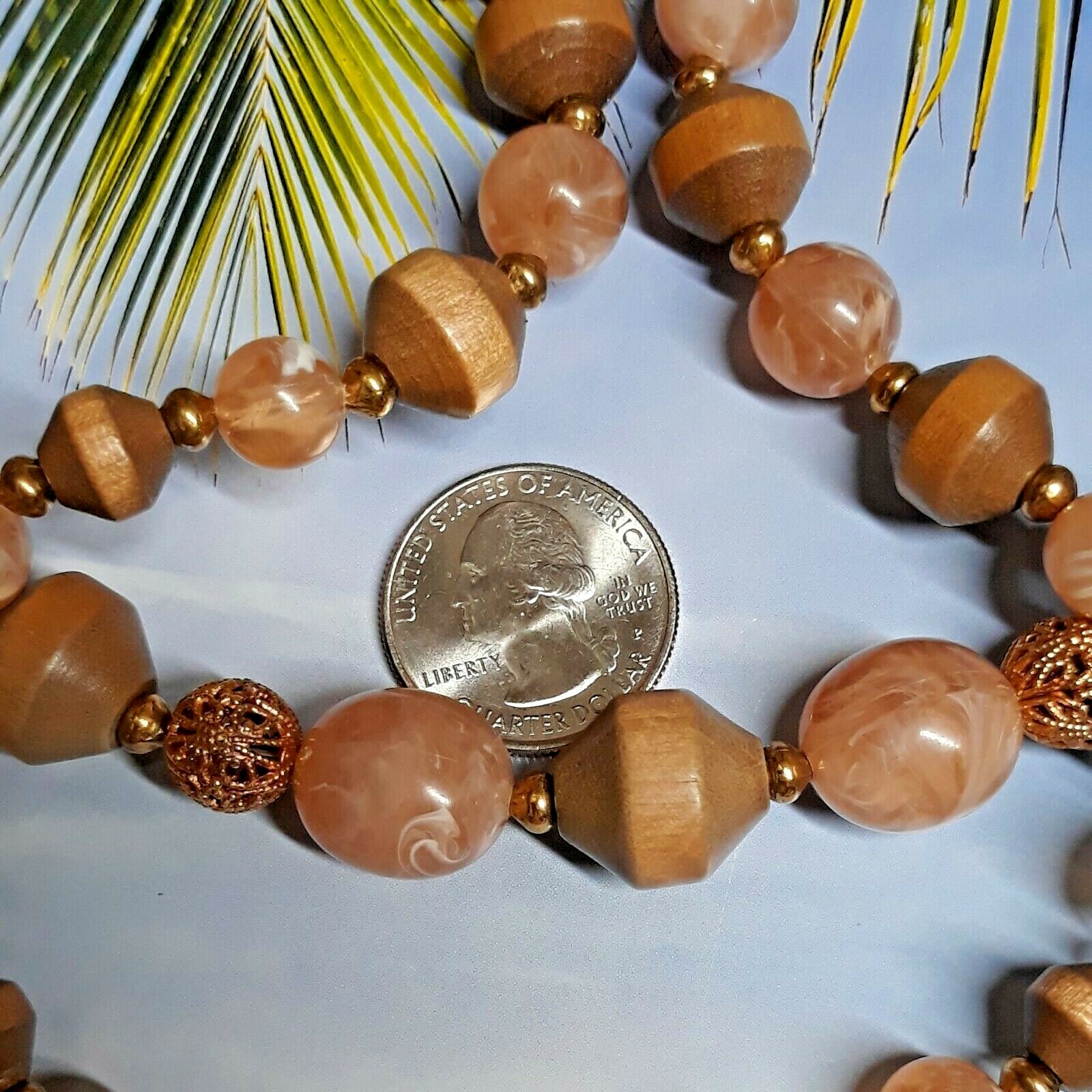 Peach and Tan Wood and Lucite Bead Necklace with Gold Tone Filigree Accent Beads