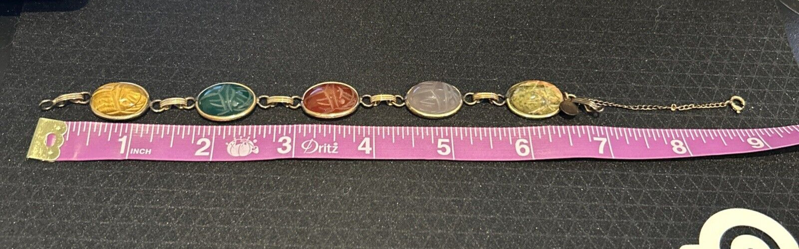 12 K Gold Filled AC Scarab Bracelet Egyptian Revival Carved Stones Needs Repair