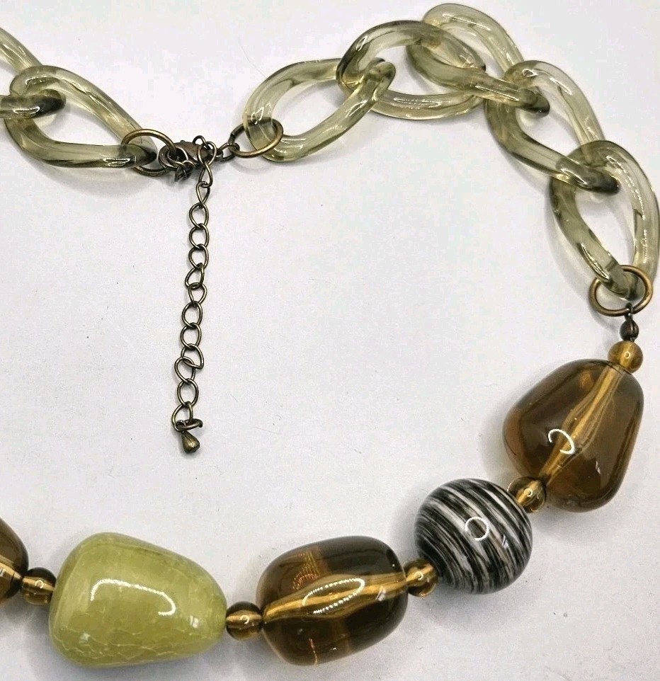 Lucite Links Chain Necklace Root Beer Glass Stone Acrylic Beaded Chunky Jewelry