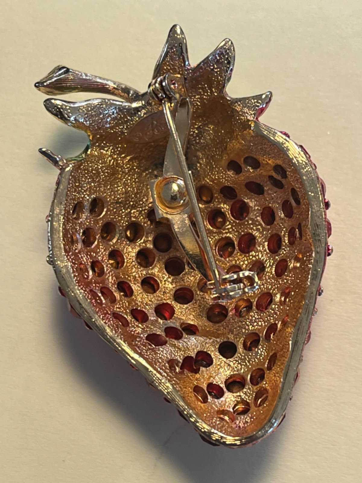 Yummy Red Crystal Rhinestone &Enamel Strawberry Brooch by Revere 1.75″Lx1.25″W