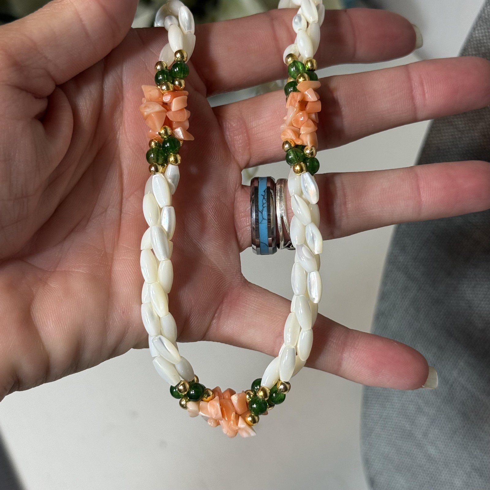 Vintage Mother of Pearl Beaded Necklace Coral Green Accents Fish Hook Clasp