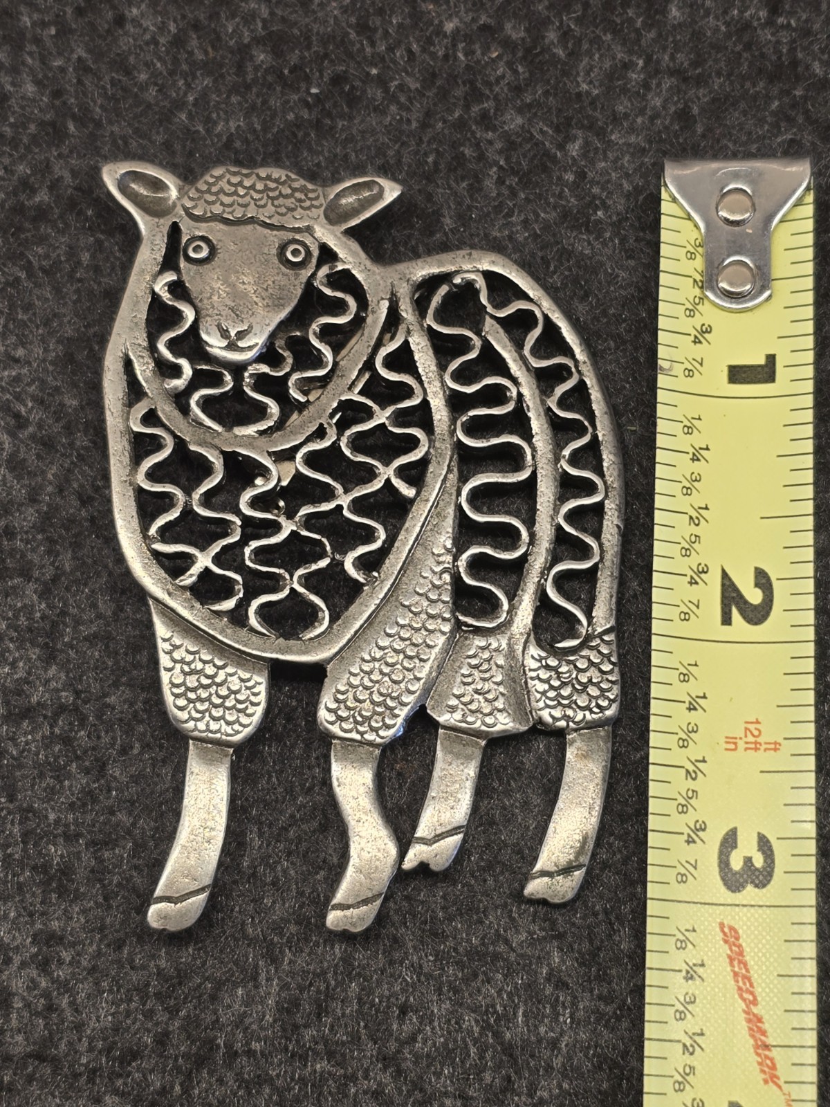 Vintage Pewter Toned Artisan Style Curly Wool Sheep Large Brooch
