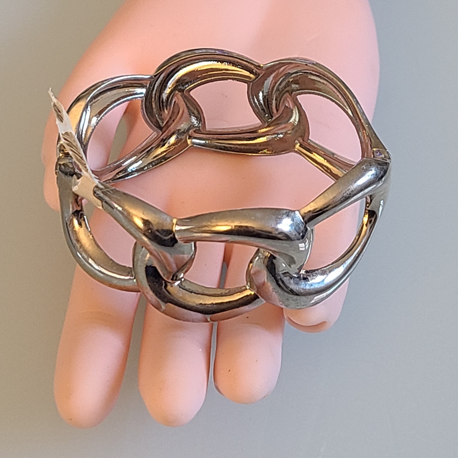 Chunky Silver Tone Polished Linked Statement Bangle Bracelet 1″ Wide Hinged