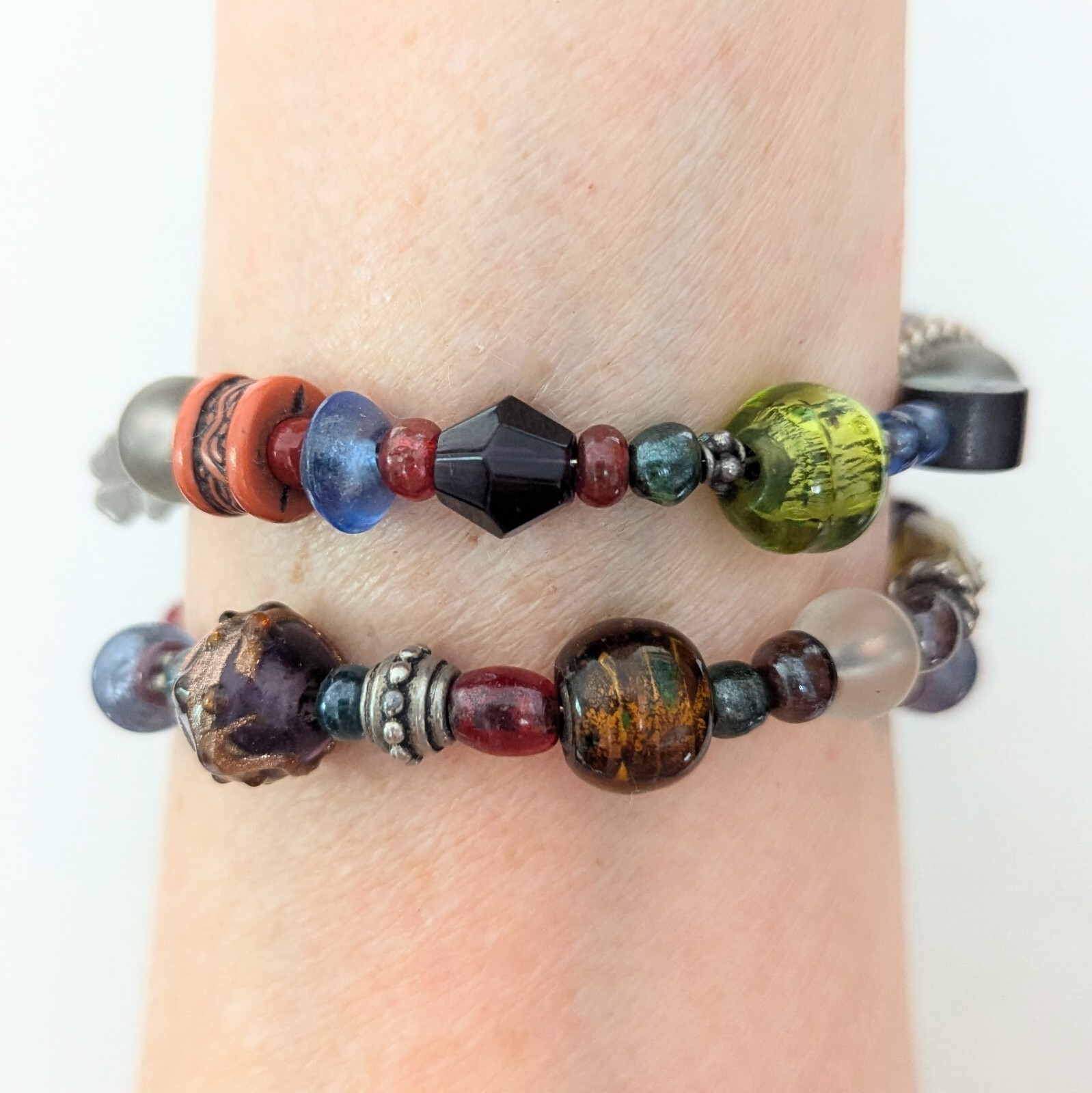 Vintage Art Glass Beaded Cuff Bangle Bracelet Multi Strand Memory Wire
