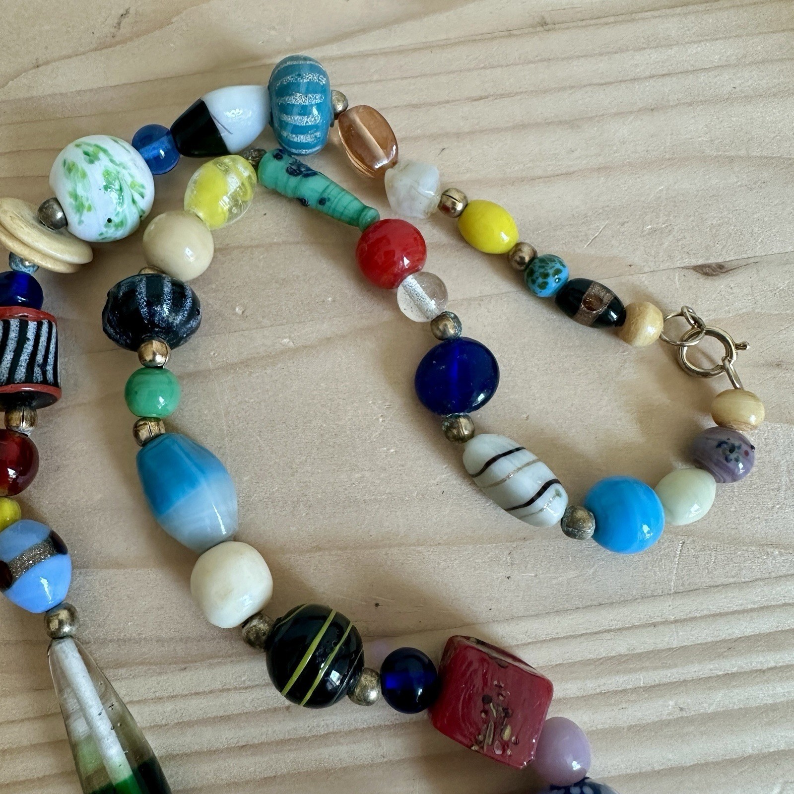 VTG Beaded Necklace 22 Inch Artisan Lamp Art Glass Multicolor Freeform Hippie