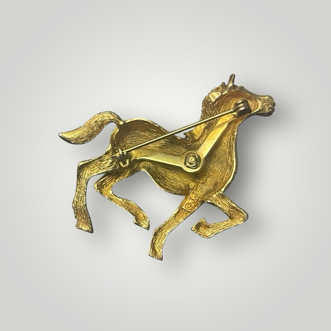 Vintage JJ Jonette Running Horse Brooch Gold Tone Rhinestone Mane Tail Pin