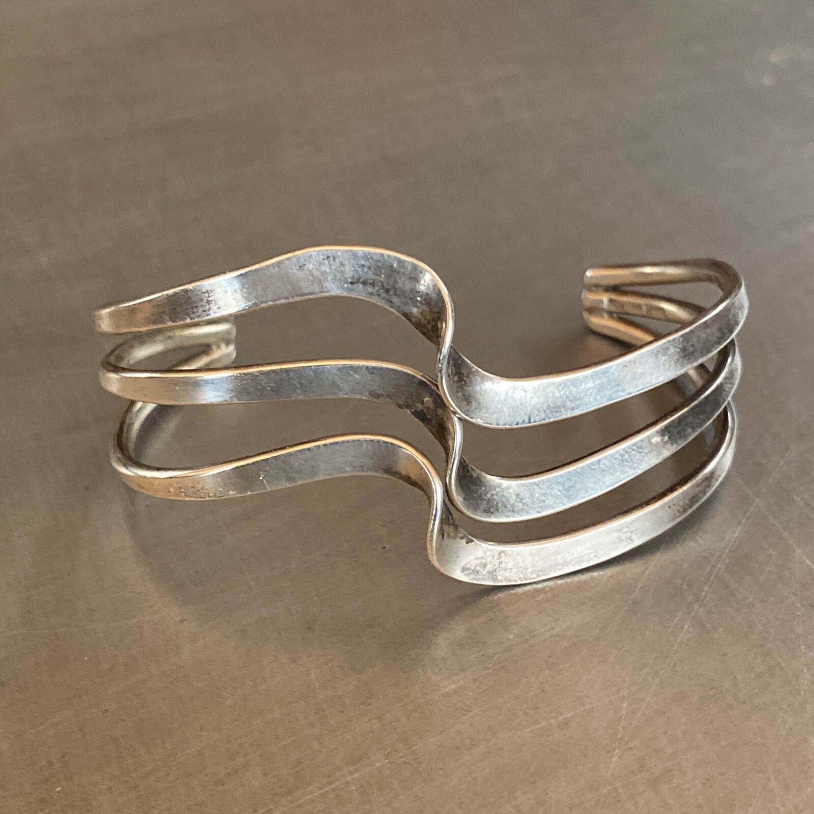Sterling Silver Mid Century Modern Tri-Twist Cuff Bracelet