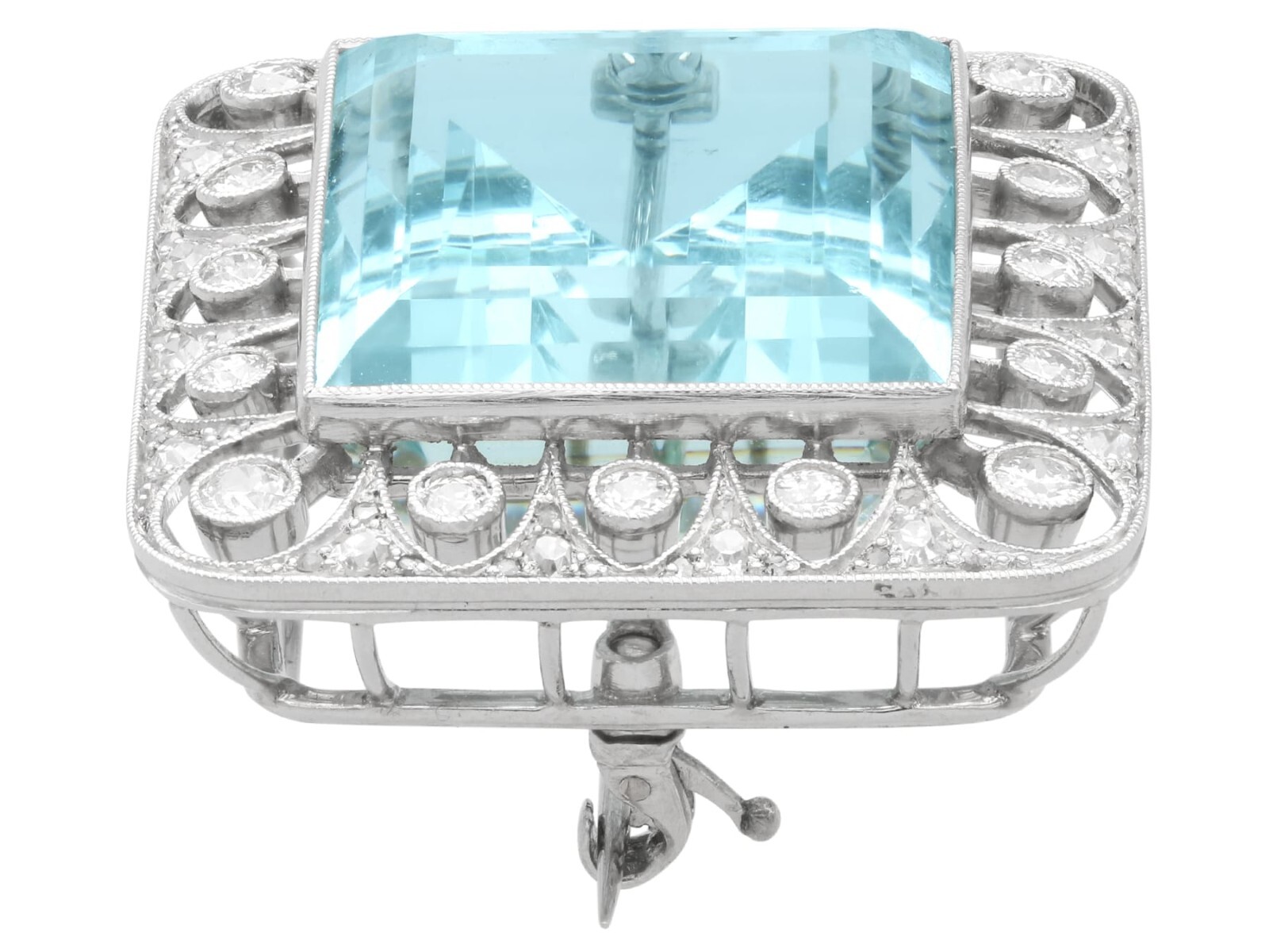 Antique 42.24Ct Aquamarine, 1.62Ct Diamond and Platinum Brooch / Pendant