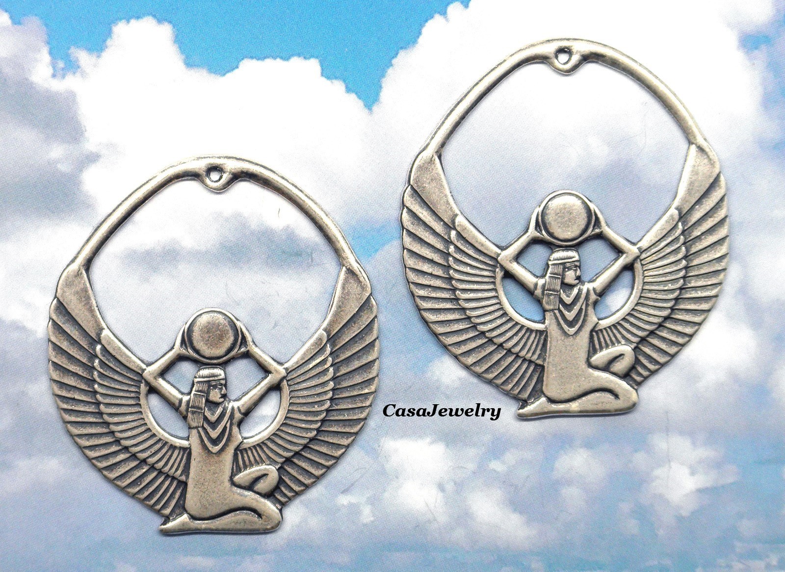 #0015 ANTIQUED .925 STERLING SILVER PLATED EGYPTIAN ISIS W/TOP HANG HOLE – 2 Pcs