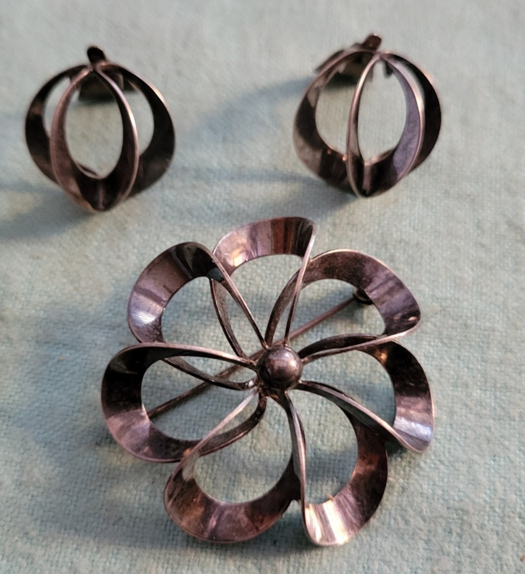 N. E. From Signed Sterling Abstract Modern Floral Brooch and Earrings DENMARK