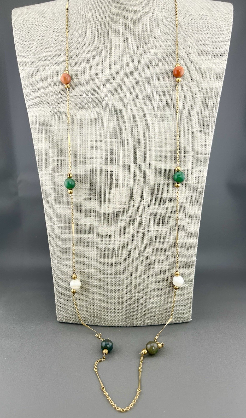 Vintage Jolaine Necklace Gemstone Bar Link Chain Gold Tone Signed Opera 40”