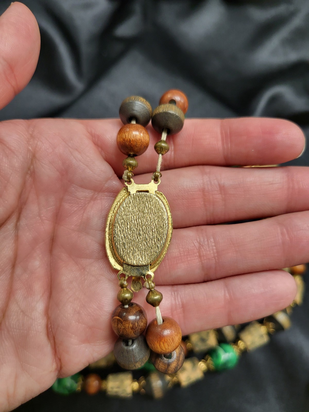 Vintage Multi Strand Beaded Necklace Wood Faux Malachite Cork Boho Statement