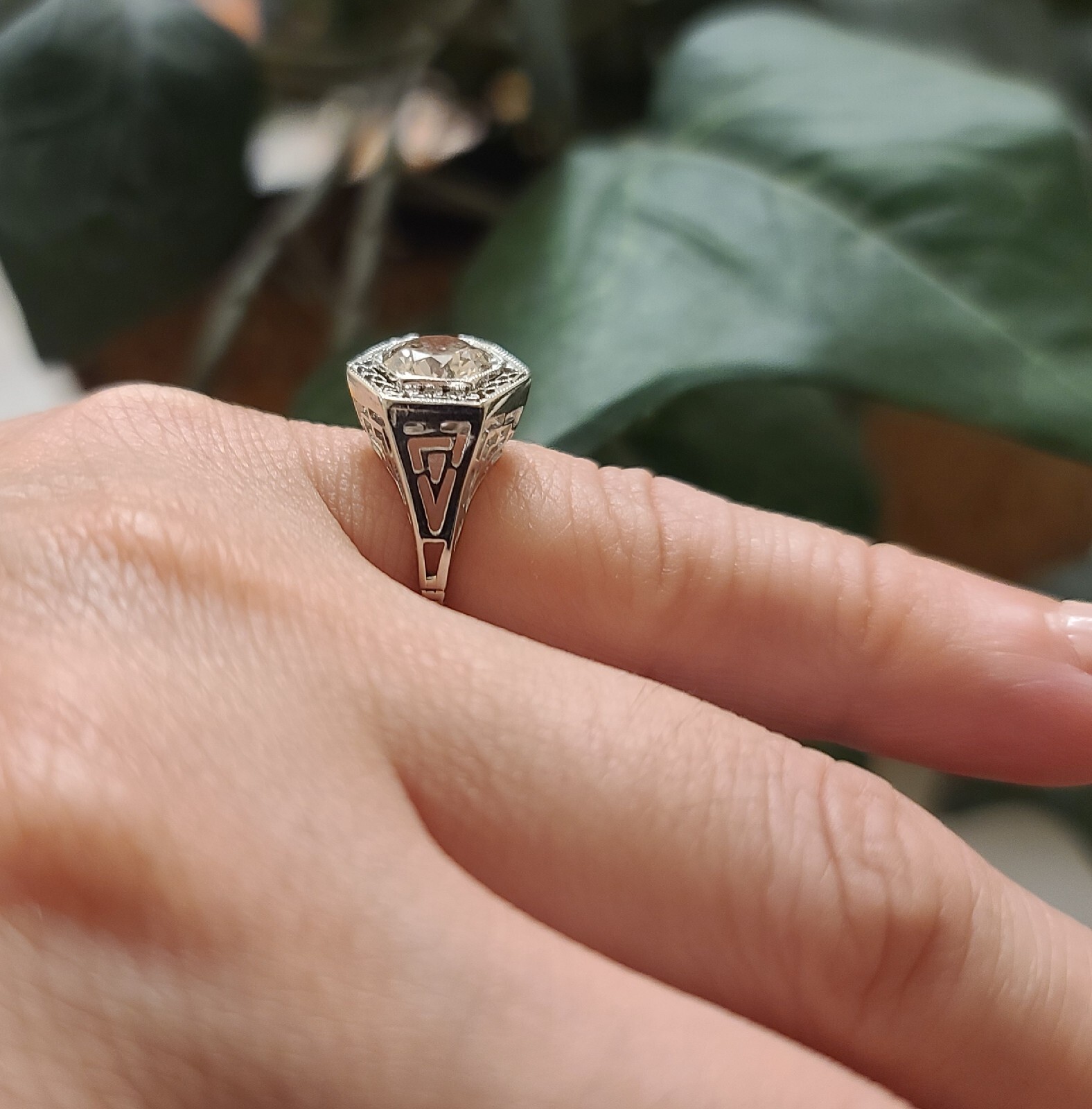 1.26ct 14k White Gold Filigree Engagement Ring Natural Champagne Round Diamond